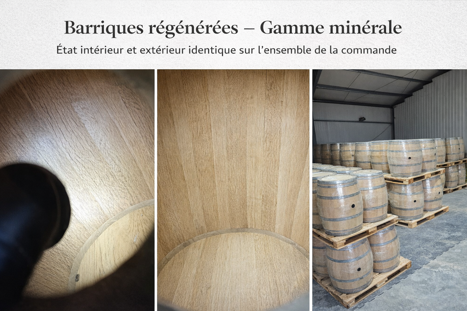 Barriques de vin rouge régénérées en Gamme minérale, vues intérieure et extérieure